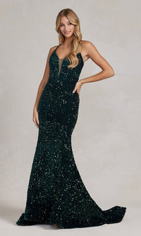 Green Corset-Back Long Sequin Prom Dress Under $200