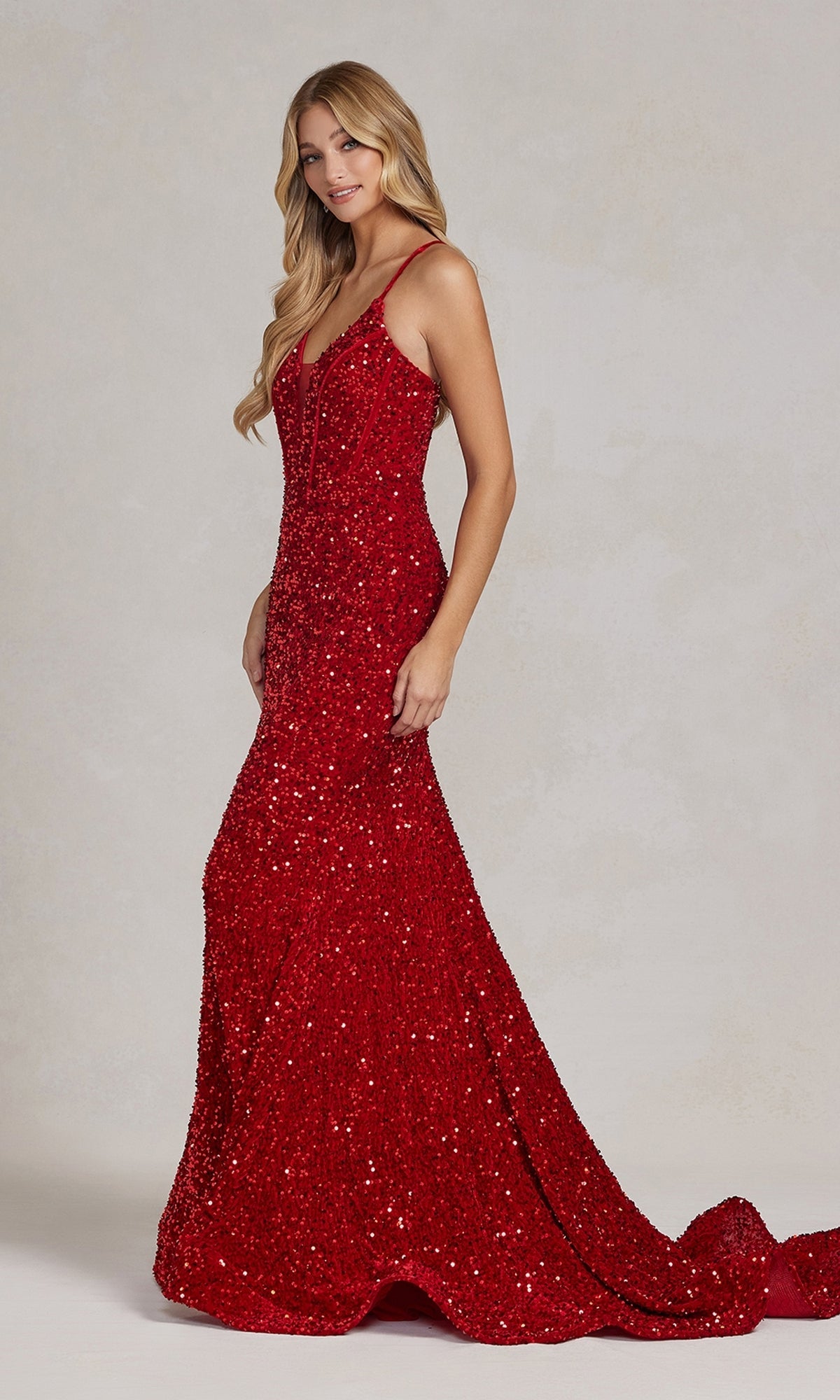 Red Corset-Back Long Sequin Prom Dress Under $200