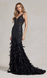 Black Feather And Sequin Prom Dress C111