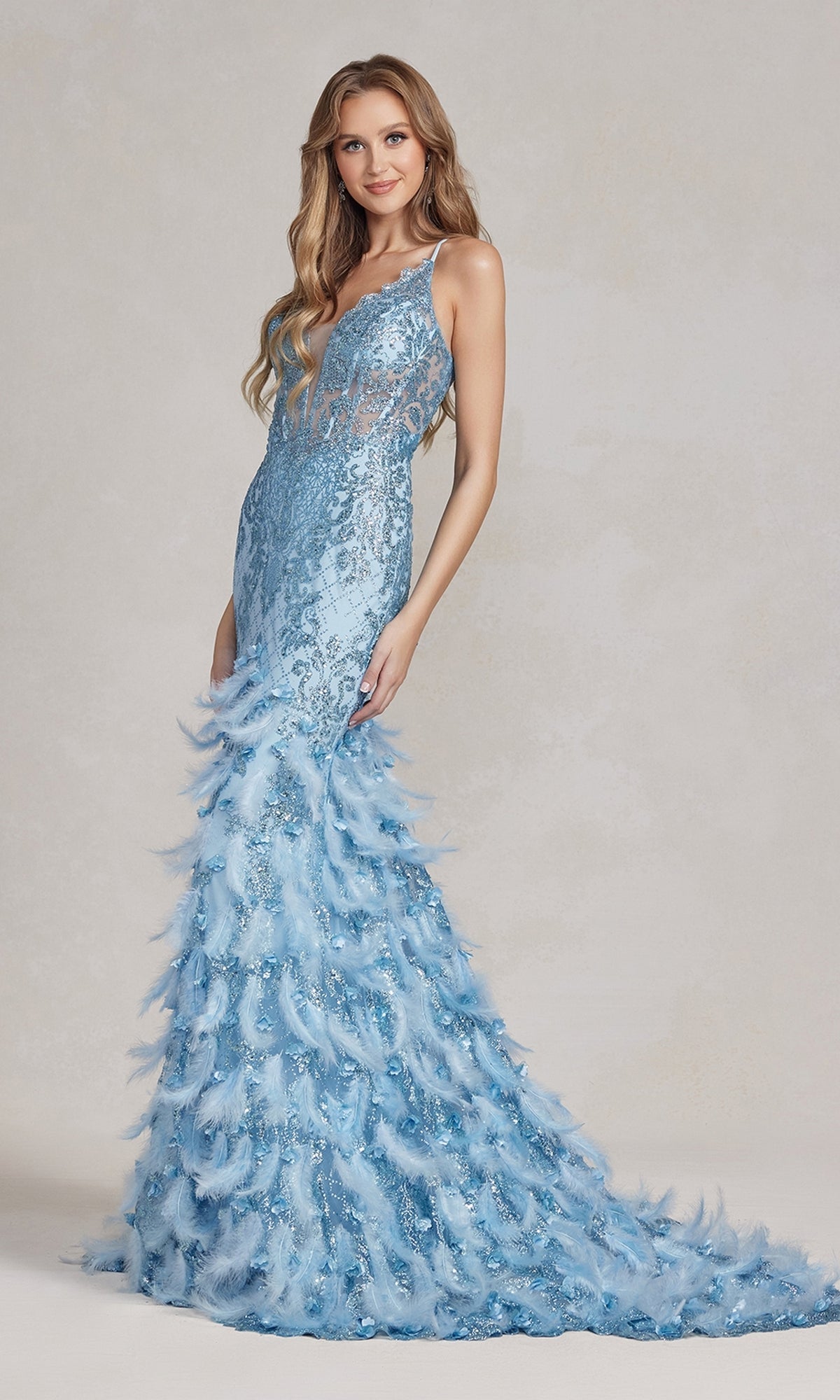 Light Blue Feather And Sequin Prom Dress C111