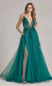  Glitter-Tulle Sheer-Bodice Long Prom Dress C1113