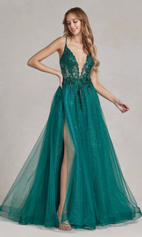 Emerald Glitter-Tulle Sheer-Bodice Long Prom Dress C1113