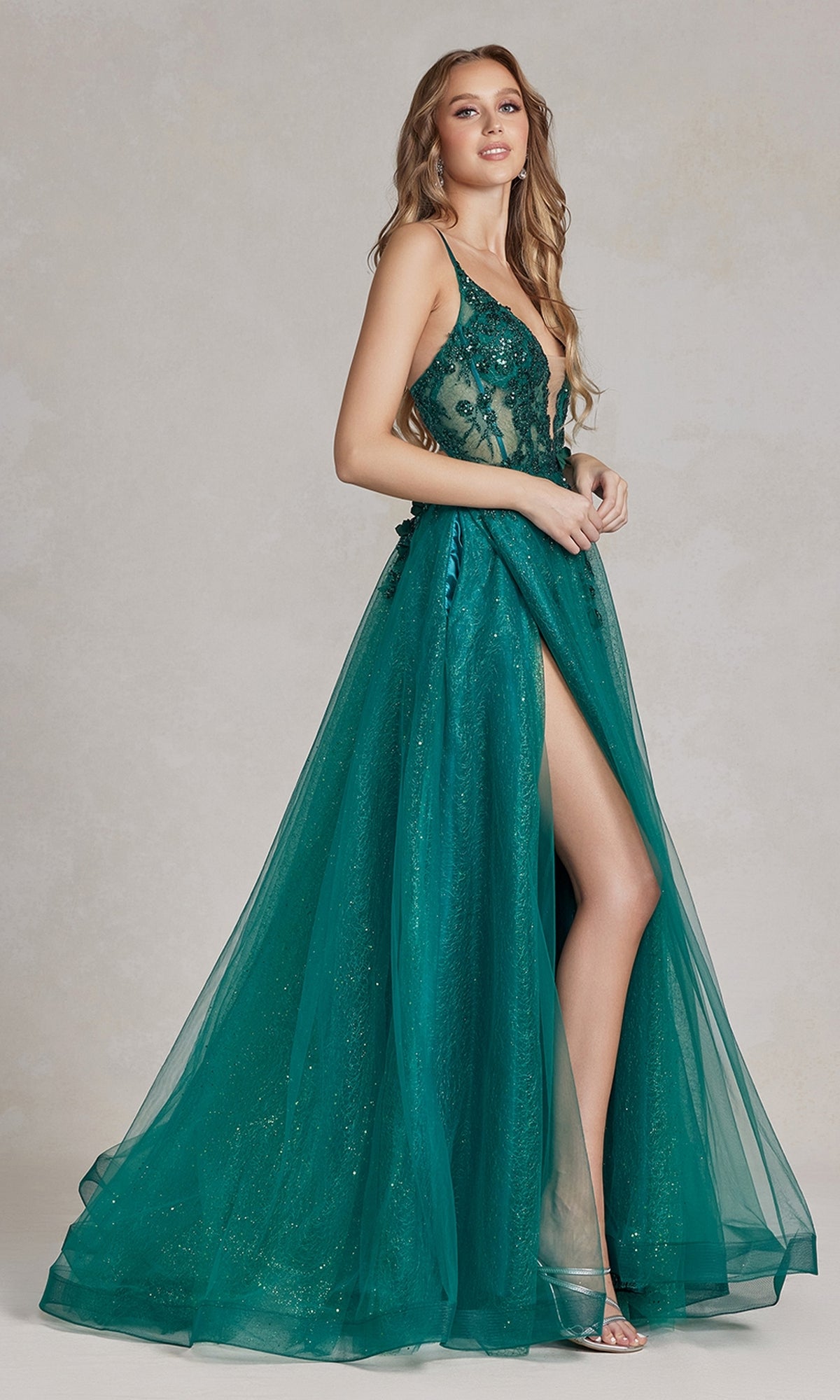  Glitter-Tulle Sheer-Bodice Long Prom Dress C1113