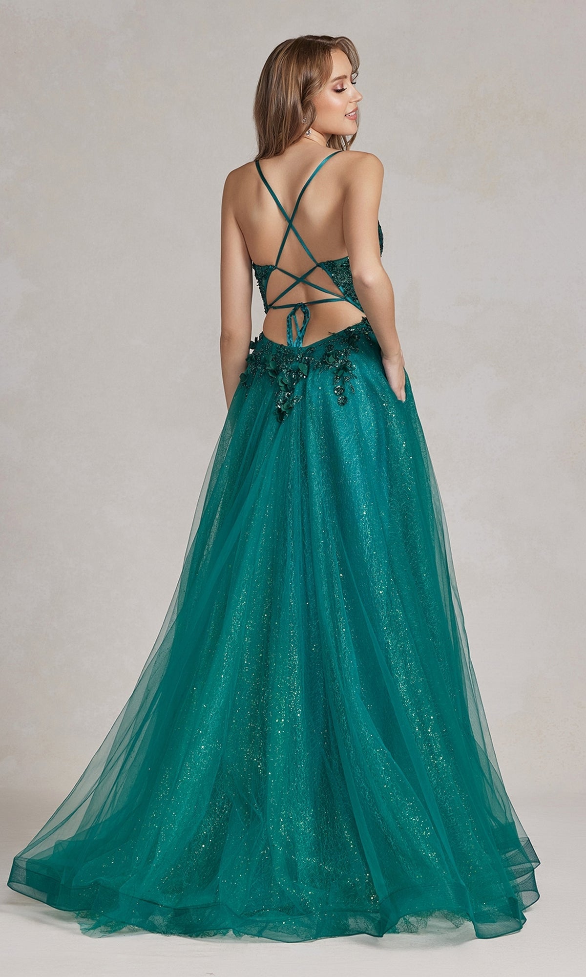 Glitter-Tulle Sheer-Bodice Long Prom Dress C1113