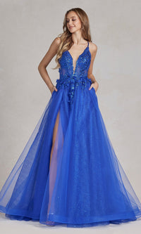 Royal Blue Glitter-Tulle Sheer-Bodice Long Prom Dress C1113