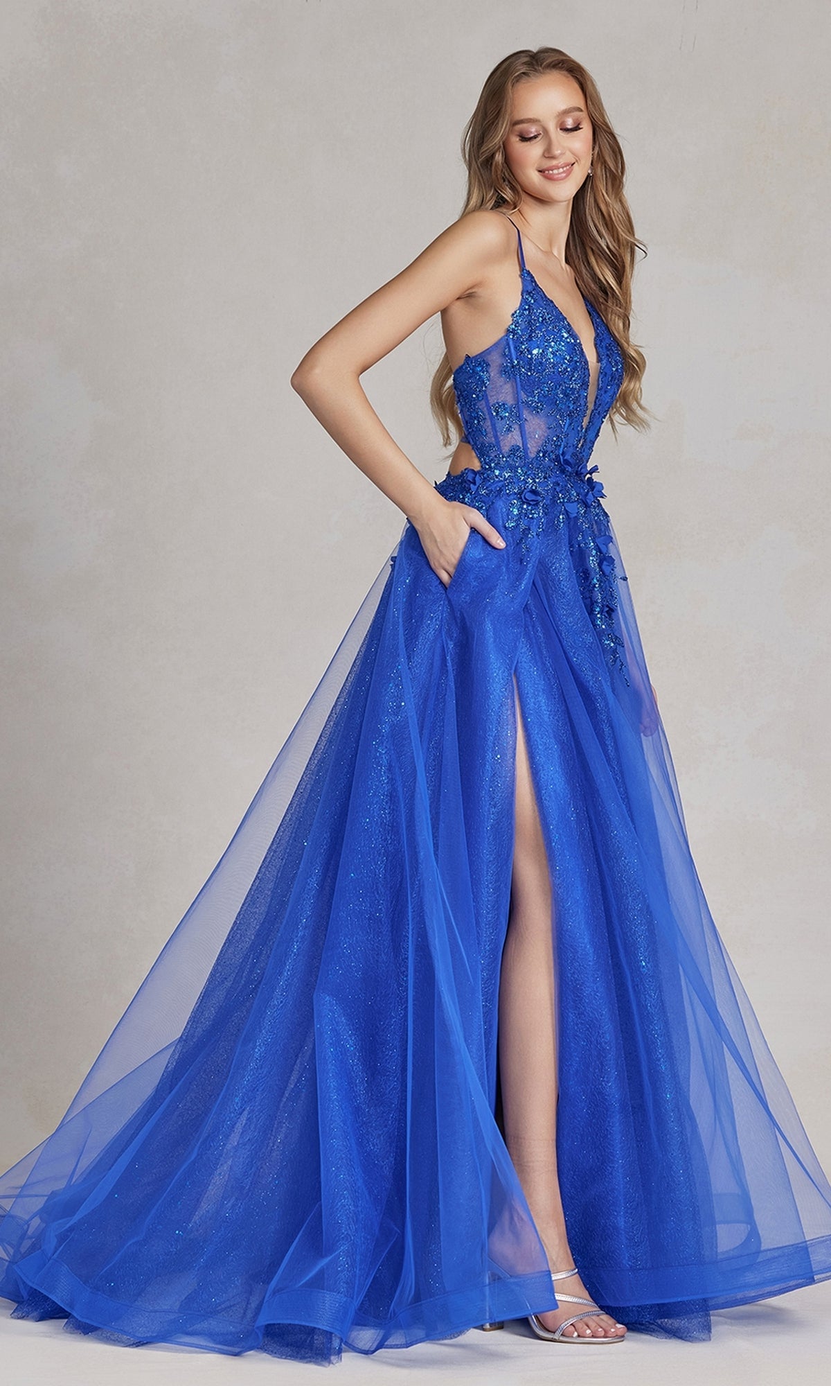  Glitter-Tulle Sheer-Bodice Long Prom Dress C1113