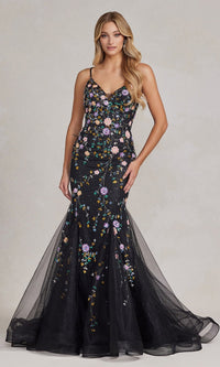  Floral-Embellished Long Mermaid Prom Dress C1117