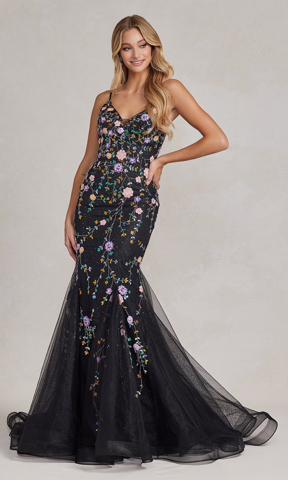 Long Mermaid Prom Dress with Floral Embellishments Long Mermaid Prom Dress with Floral Embellishments