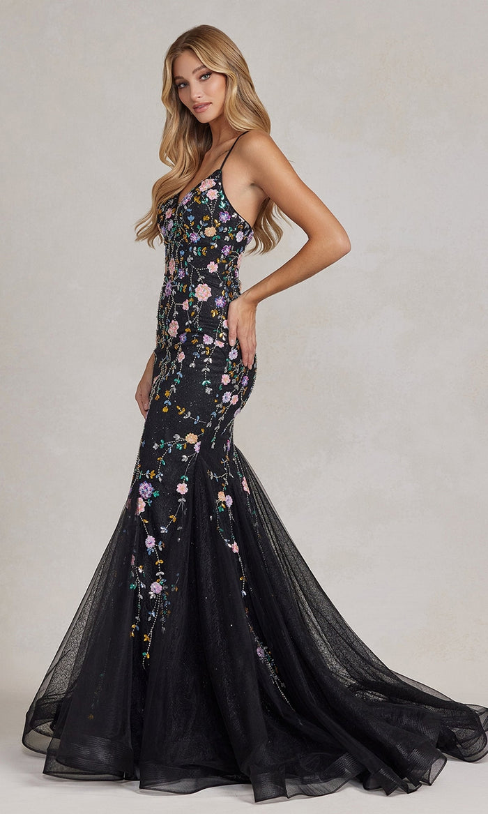 Black Multi Floral-Embellished Long Mermaid Prom Dress C1117