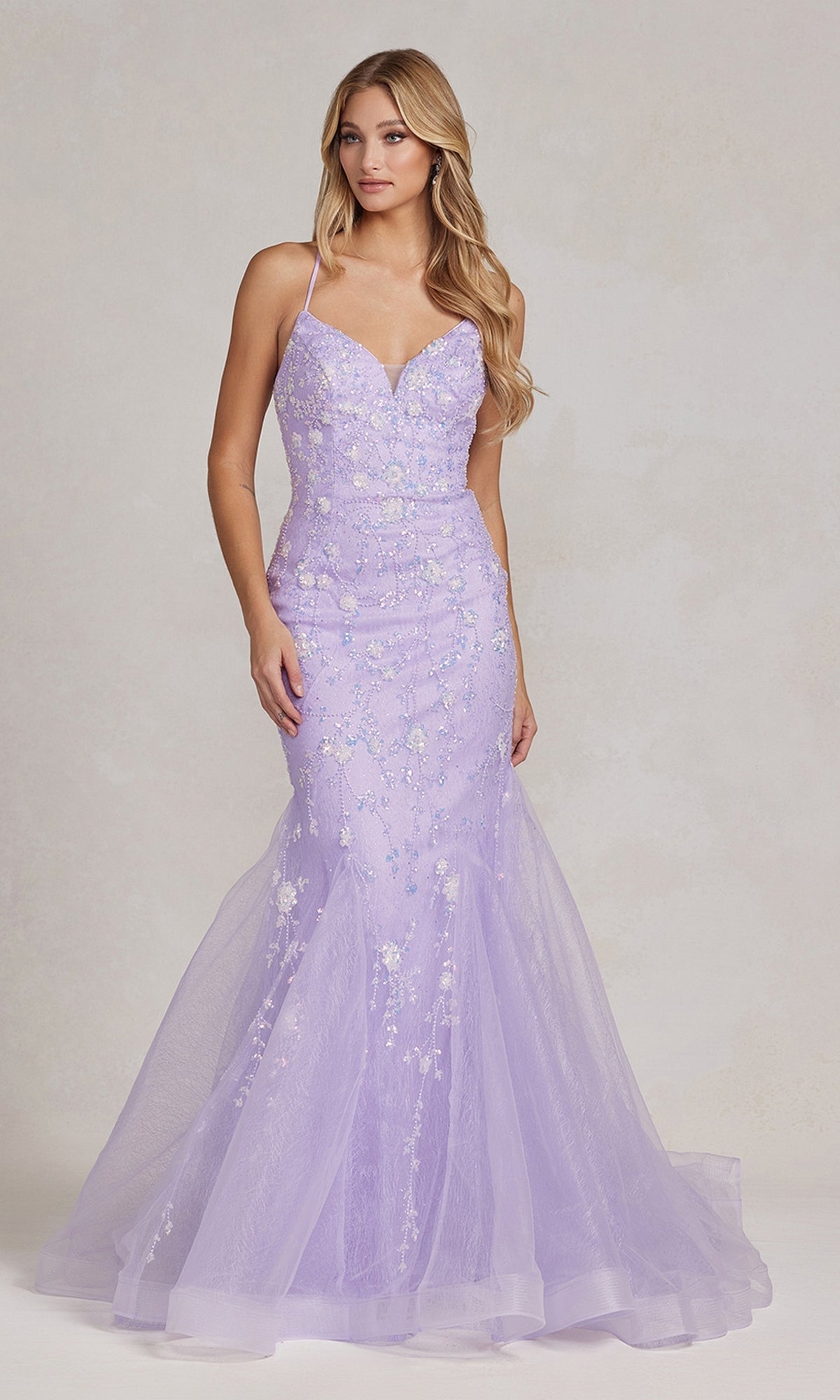 Lilac Floral-Embellished Long Mermaid Prom Dress C1117