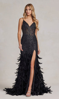  Feather-Skirt Long Sequin Formal Gown C1119
