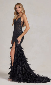Black Feather-Skirt Long Sequin Formal Gown C1119
