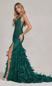 Emerald Feather-Skirt Long Sequin Formal Gown C1119