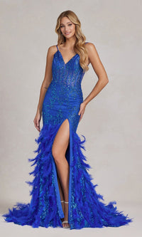 Royal Blue Feather-Skirt Long Sequin Formal Gown C1119