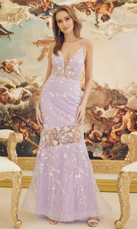 Lilac Purple Prom Dress with Sparkling Floral Print - Lilac / 2 Lilac Purple Prom Dress with Sparkling Floral Print - Lilac / 2