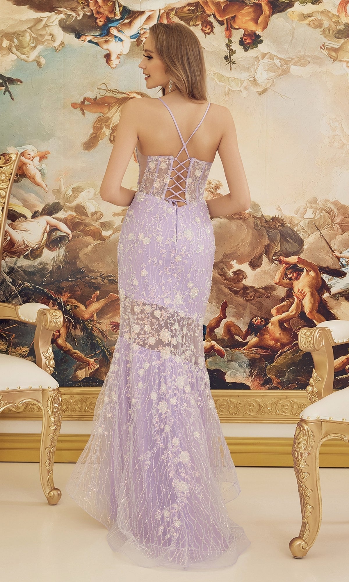  Lilac Floral Sheer-Bodice Long Formal Dress C1195