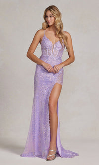 Lilac Sequin-Lace Long Formal Prom Dress D1157