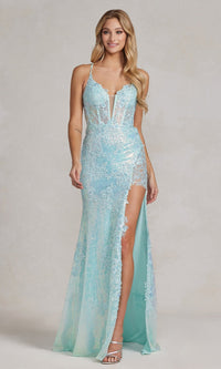 Mint Green Sequin-Lace Long Formal Prom Dress D1157