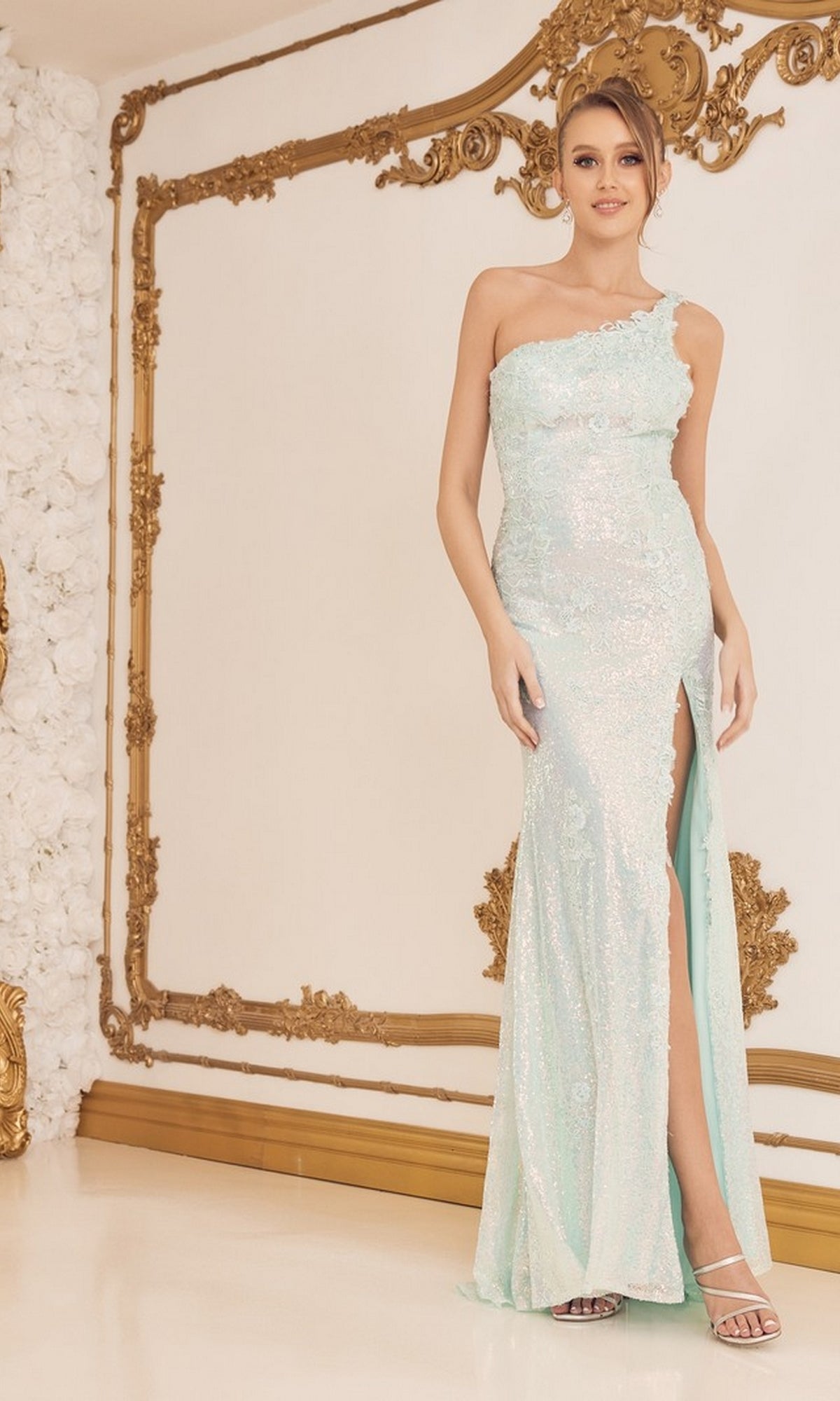  Mint Green One-Shoulder Long Lace Prom Dress D1158