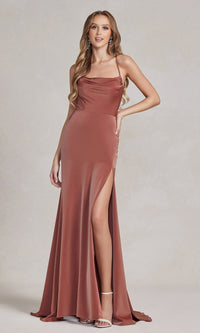 Brown Strappy-Back Cowl-Neck Long Prom Dress E1068