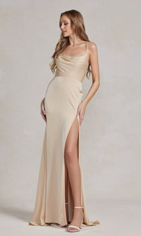 Strappy-Back Cowl-Neck Long Prom Dress E1068