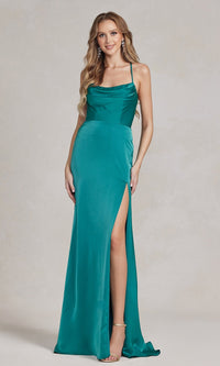  Strappy-Back Cowl-Neck Long Prom Dress E1068