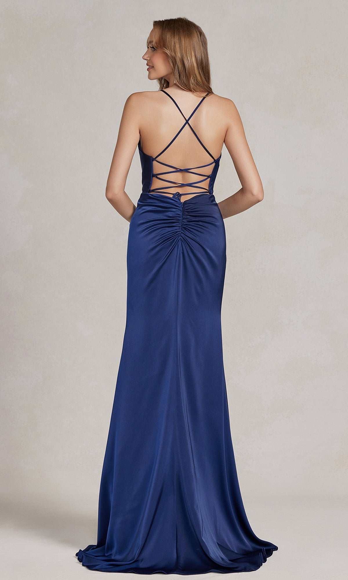  Strappy-Back Cowl-Neck Long Prom Dress E1068