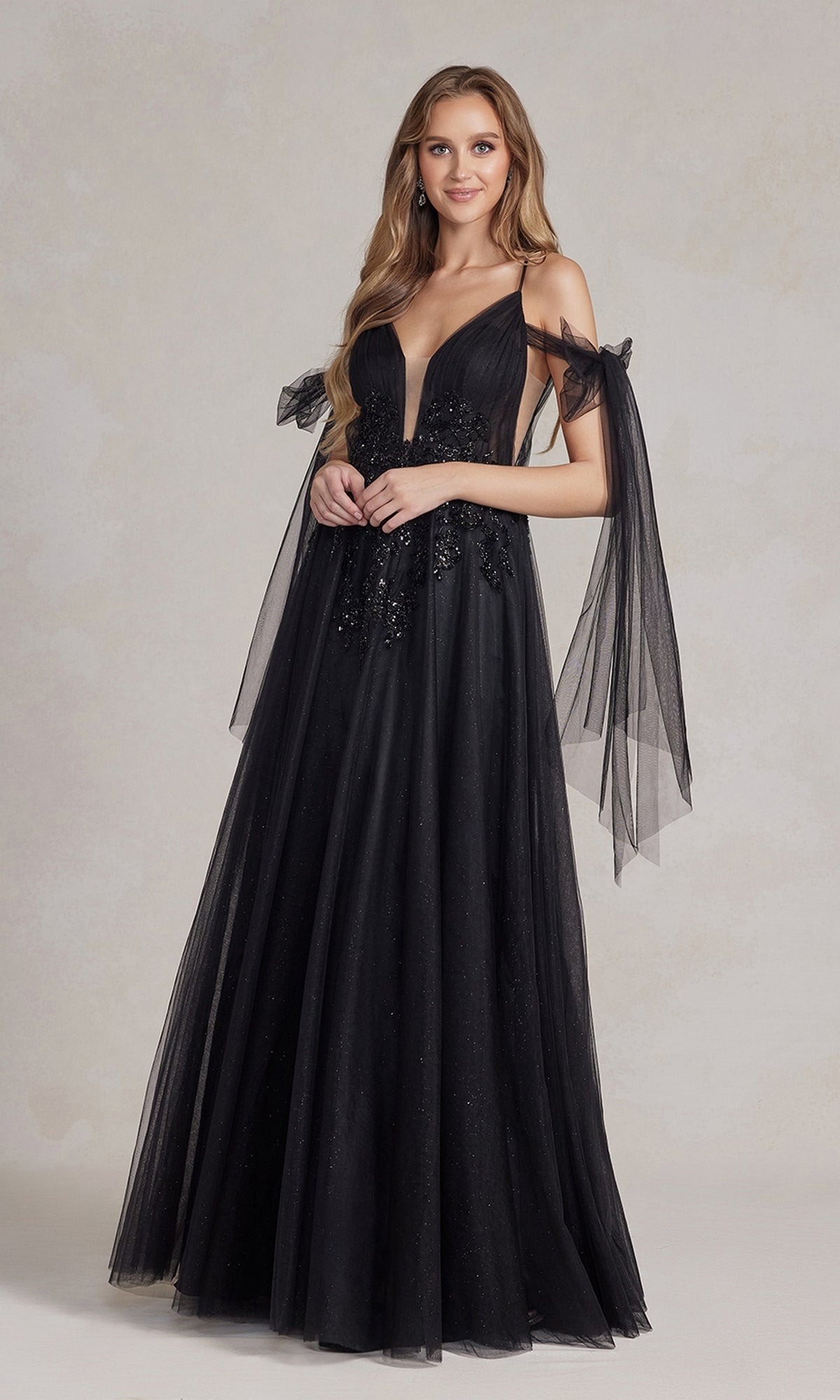 Sheer-Bow-Sleeves Long Black Ball Gown with V-Neck Sheer-Bow-Sleeves Long Black Ball Gown with V-Neck