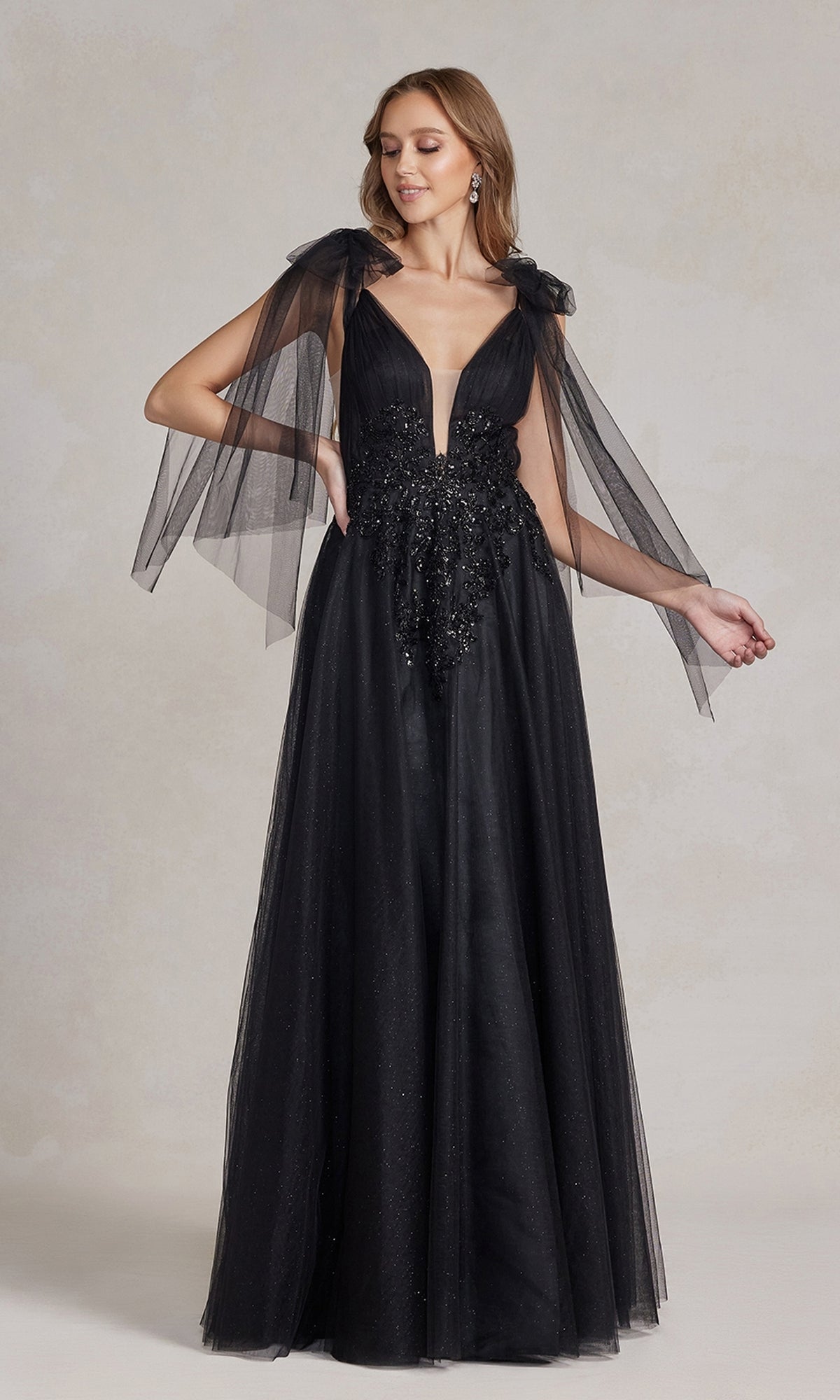 Sheer-Bow-Sleeves Long Black Ball Gown with V-Neck Sheer-Bow-Sleeves Long Black Ball Gown with V-Neck