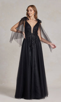 Black Long Black Ball Gown with Sheer Bow Sleeves