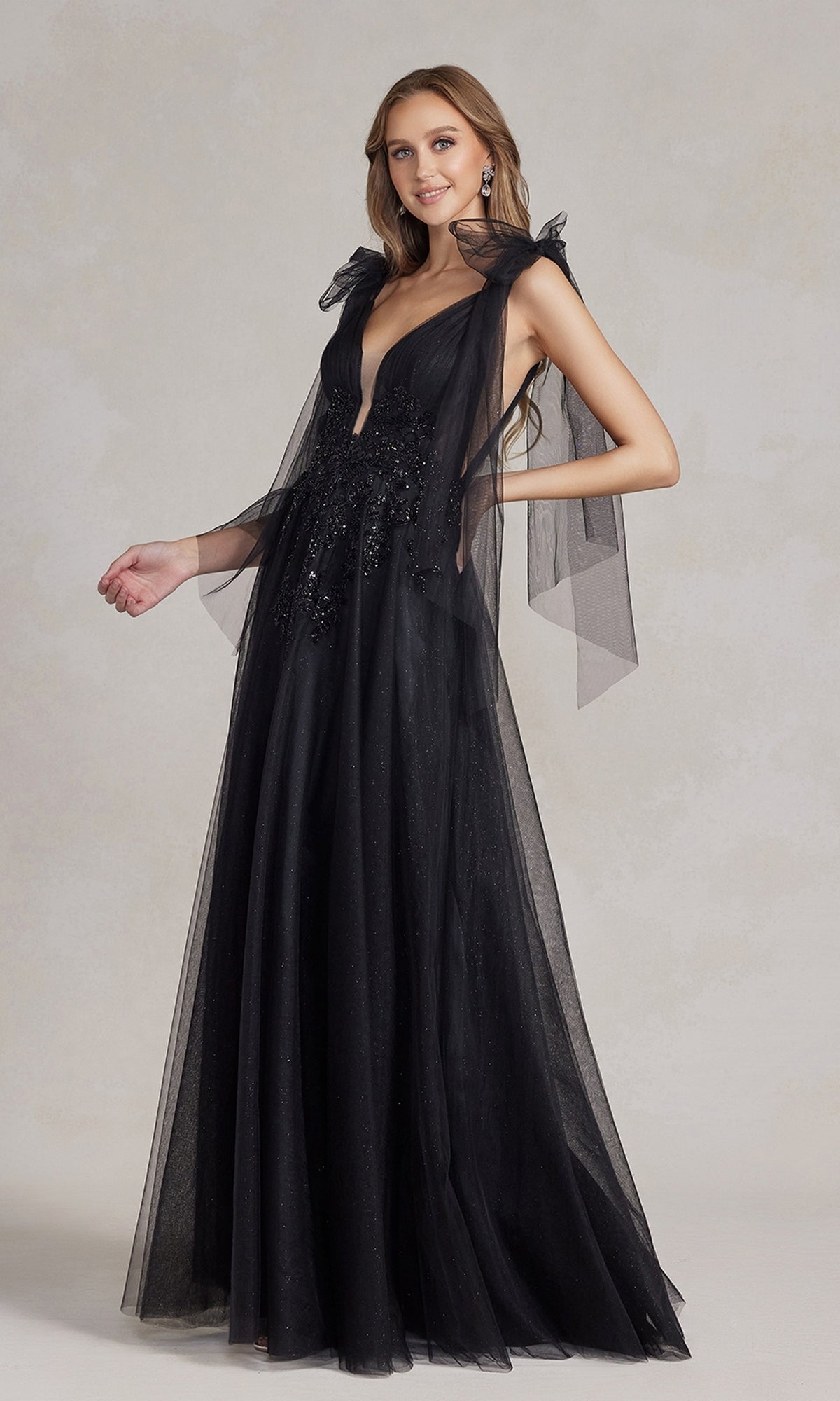 Sheer-Bow-Sleeves Long Black Ball Gown with V-Neck Sheer-Bow-Sleeves Long Black Ball Gown with V-Neck