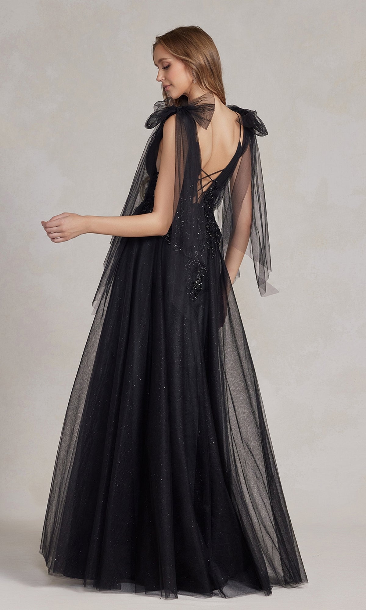 Long Black Ball Gown with Sheer Bow Sleeves Black / 00 Long Black Ball Gown with Sheer Bow Sleeves Black / 00
