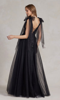 Sheer-Bow-Sleeves Long Black Ball Gown with V-Neck Sheer-Bow-Sleeves Long Black Ball Gown with V-Neck