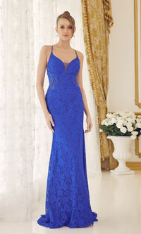 Royal Blue Corset-Back Royal Blue Long Lace Formal Gown E1076
