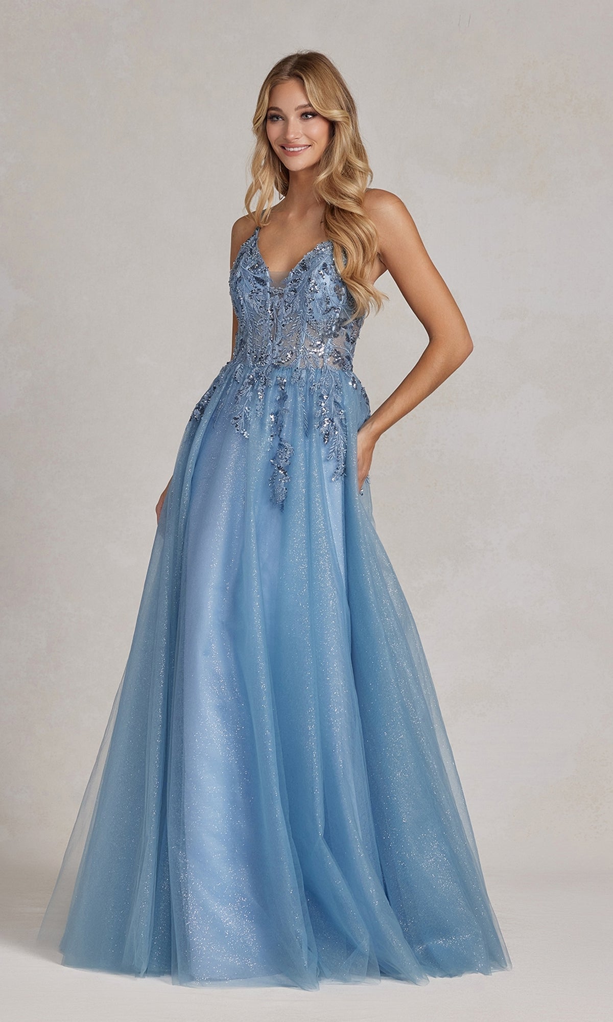  Glitter-Tulle Dusty Blue Long Prom Ball Gown E1125