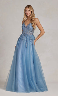  Glitter-Tulle Dusty Blue Long Prom Ball Gown E1125