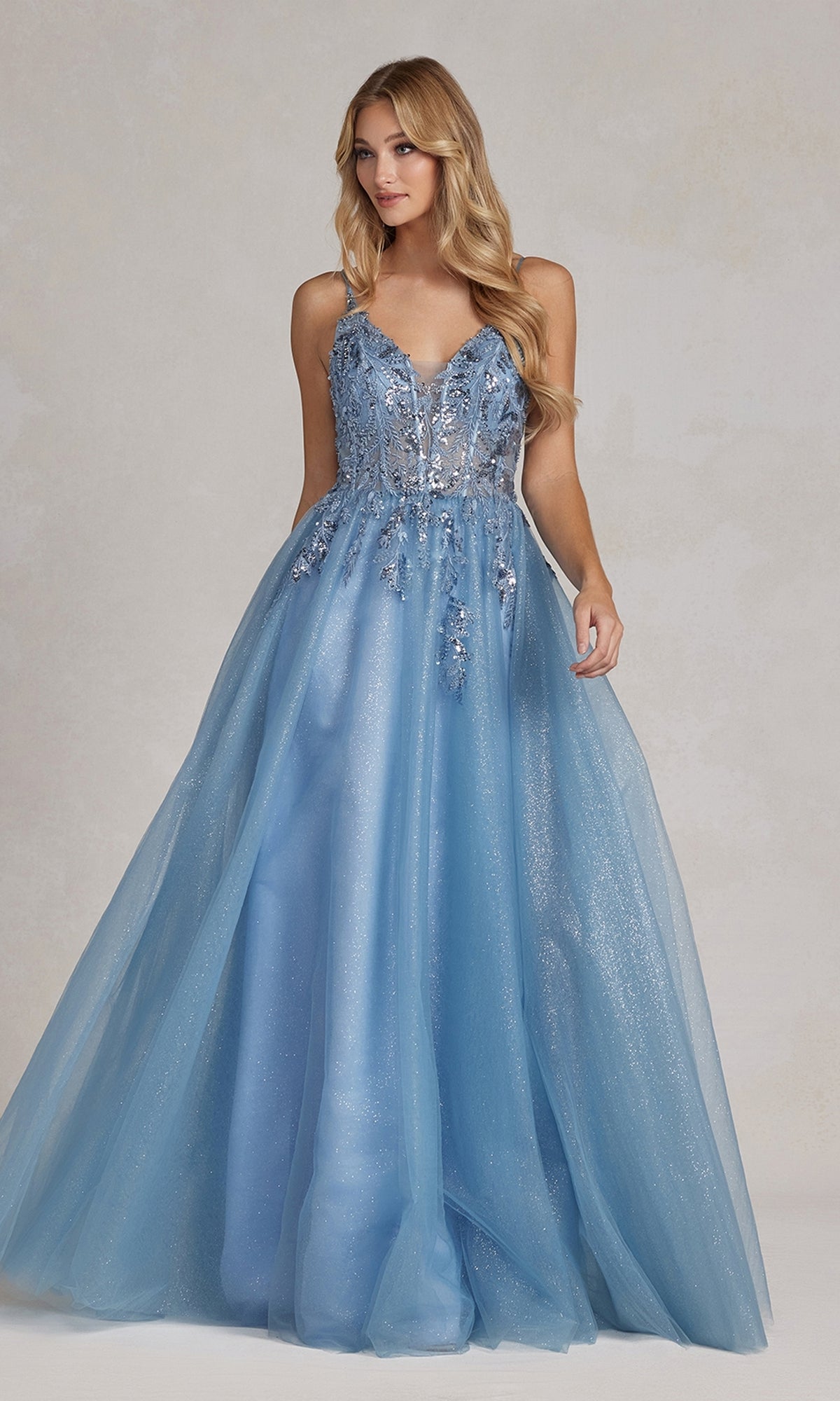  Glitter-Tulle Dusty Blue Long Prom Ball Gown E1125