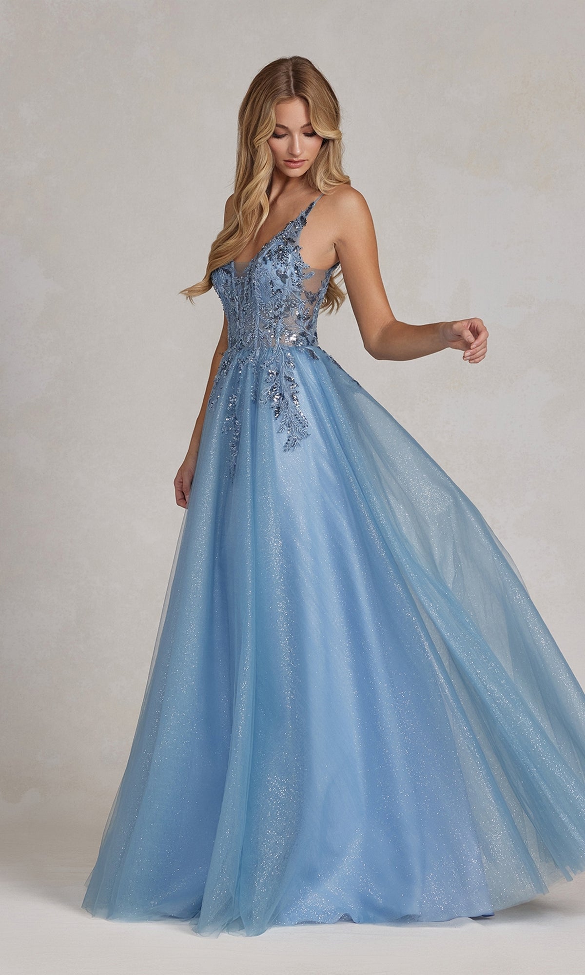 Dusty Blue Glitter-Tulle Dusty Blue Long Prom Ball Gown E1125