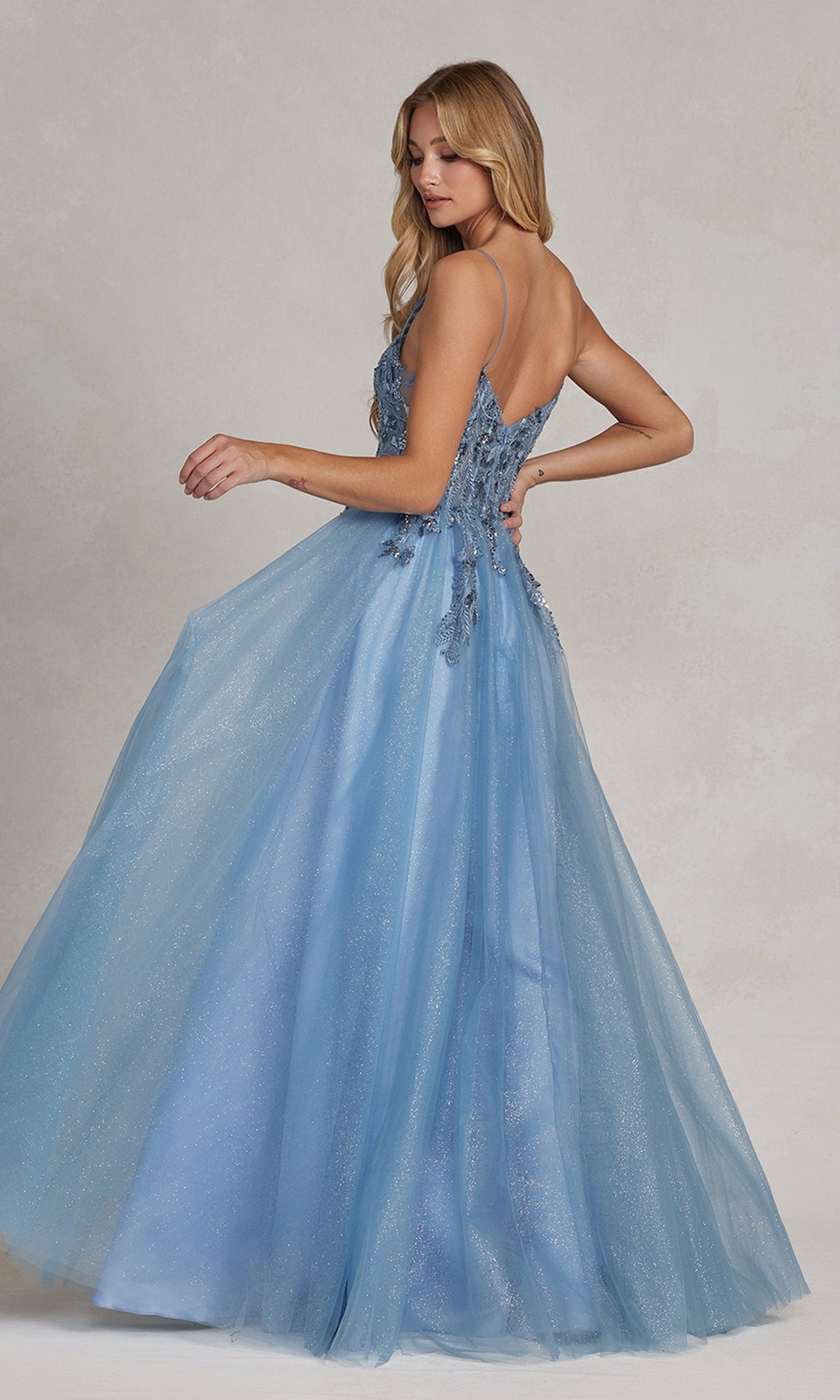  Glitter-Tulle Dusty Blue Long Prom Ball Gown E1125
