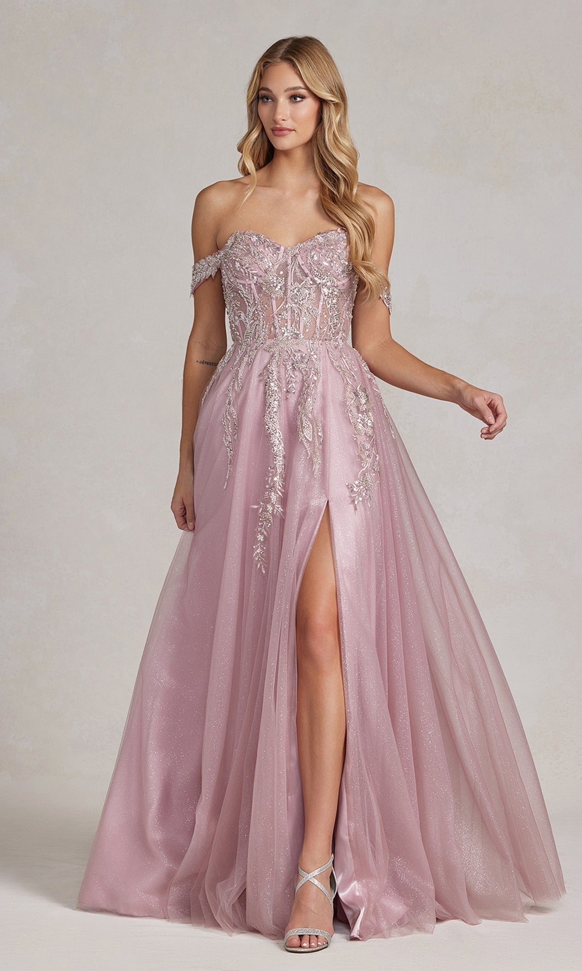 Off-the-Shoulder Rose Pink Ball Gown with Sheer Corset Off-the-Shoulder Rose Pink Ball Gown with Sheer Corset