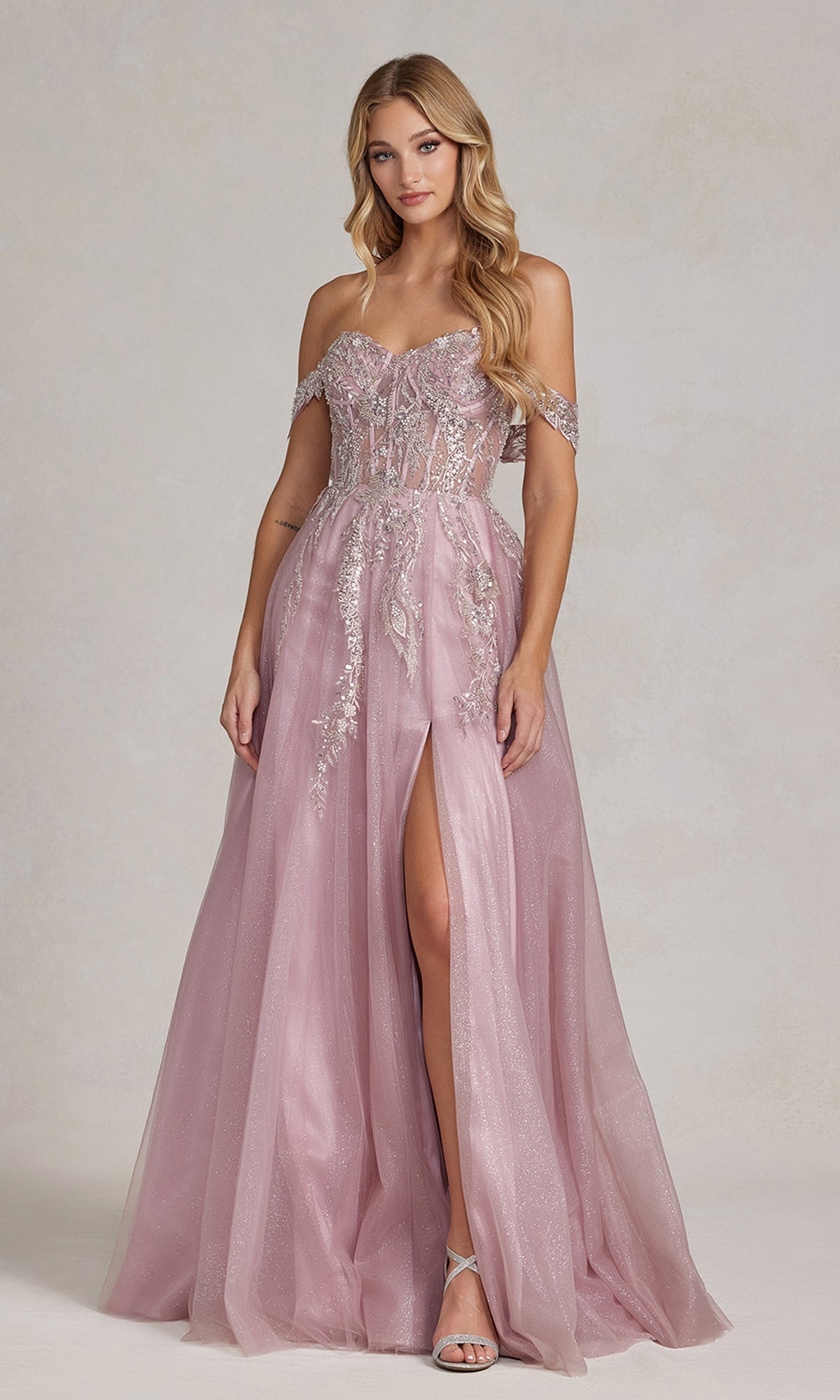 Rose Off-the-Shoulder Rose Pink Sheer-Corset Ball Gown
