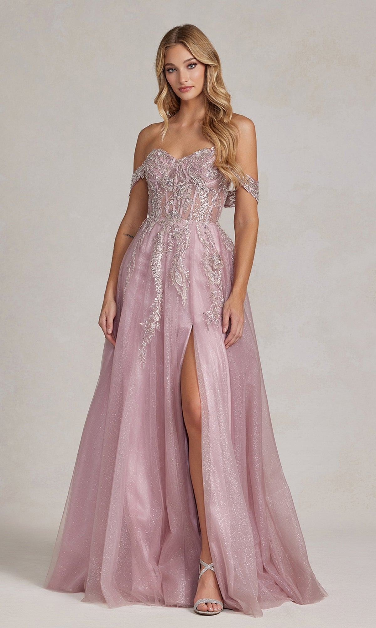 Off-the-Shoulder Rose Pink Ball Gown with Sheer Corset Off-the-Shoulder Rose Pink Ball Gown with Sheer Corset