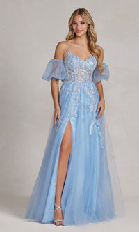 Blue Tulle Formal Dress with Removable Sleeves