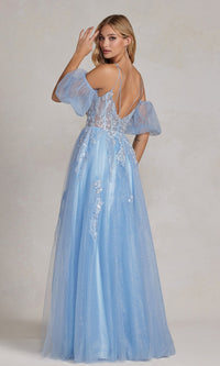  Blue Tulle Formal Dress with Removable Sleeves