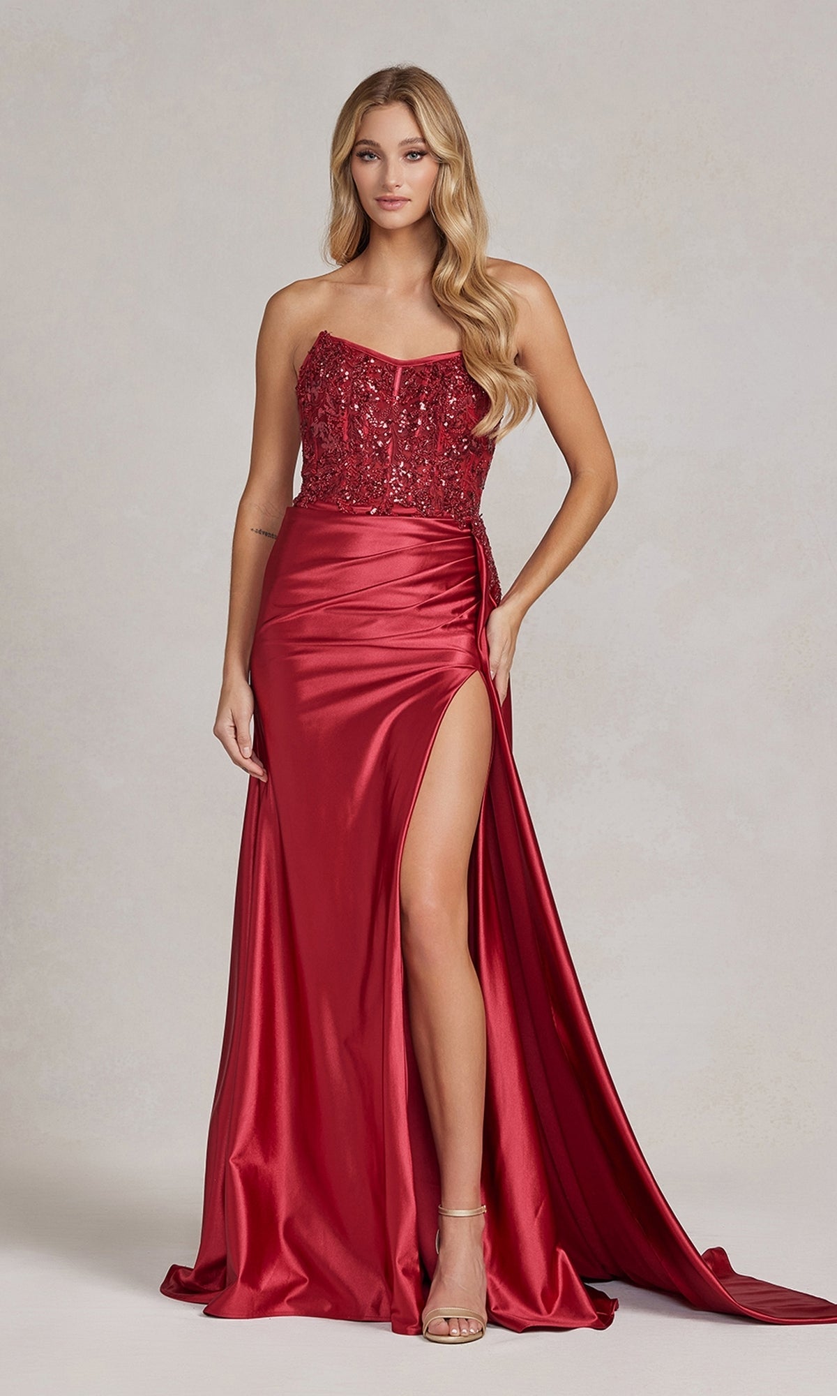  Strapless Long Prom Dress with Side Train