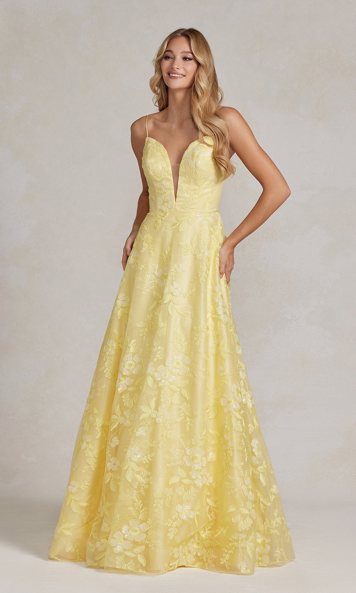 Yellow Long Yellow Prom Ball Gown with Deep V-Neck