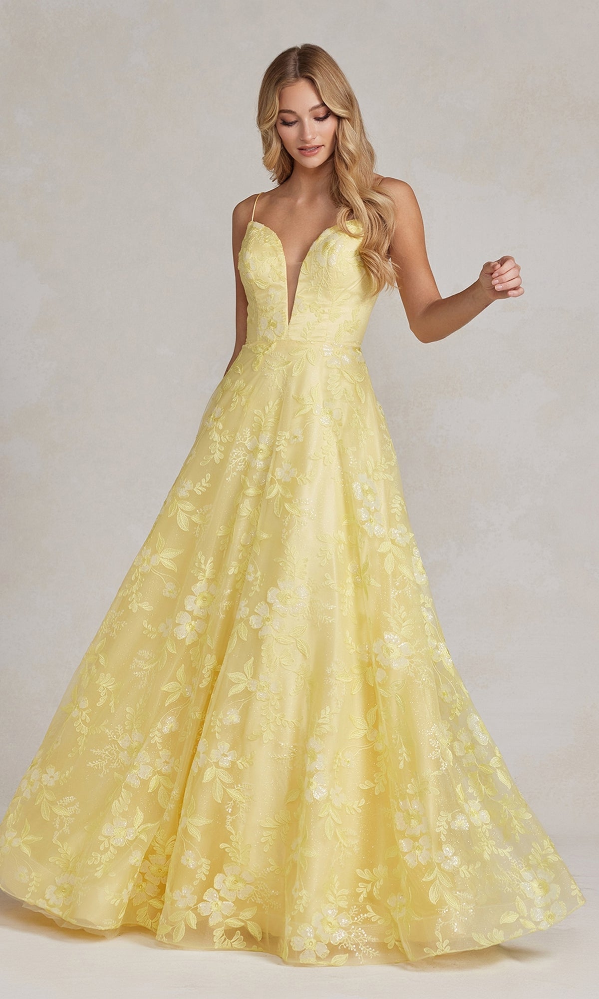 Deep V-Neck Floral-Lace Long Yellow Prom Ball Gown Deep V-Neck Floral-Lace Long Yellow Prom Ball Gown
