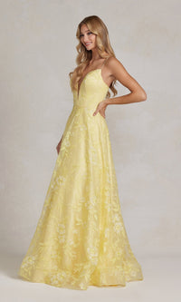  Long Yellow Prom Ball Gown with Deep V-Neck