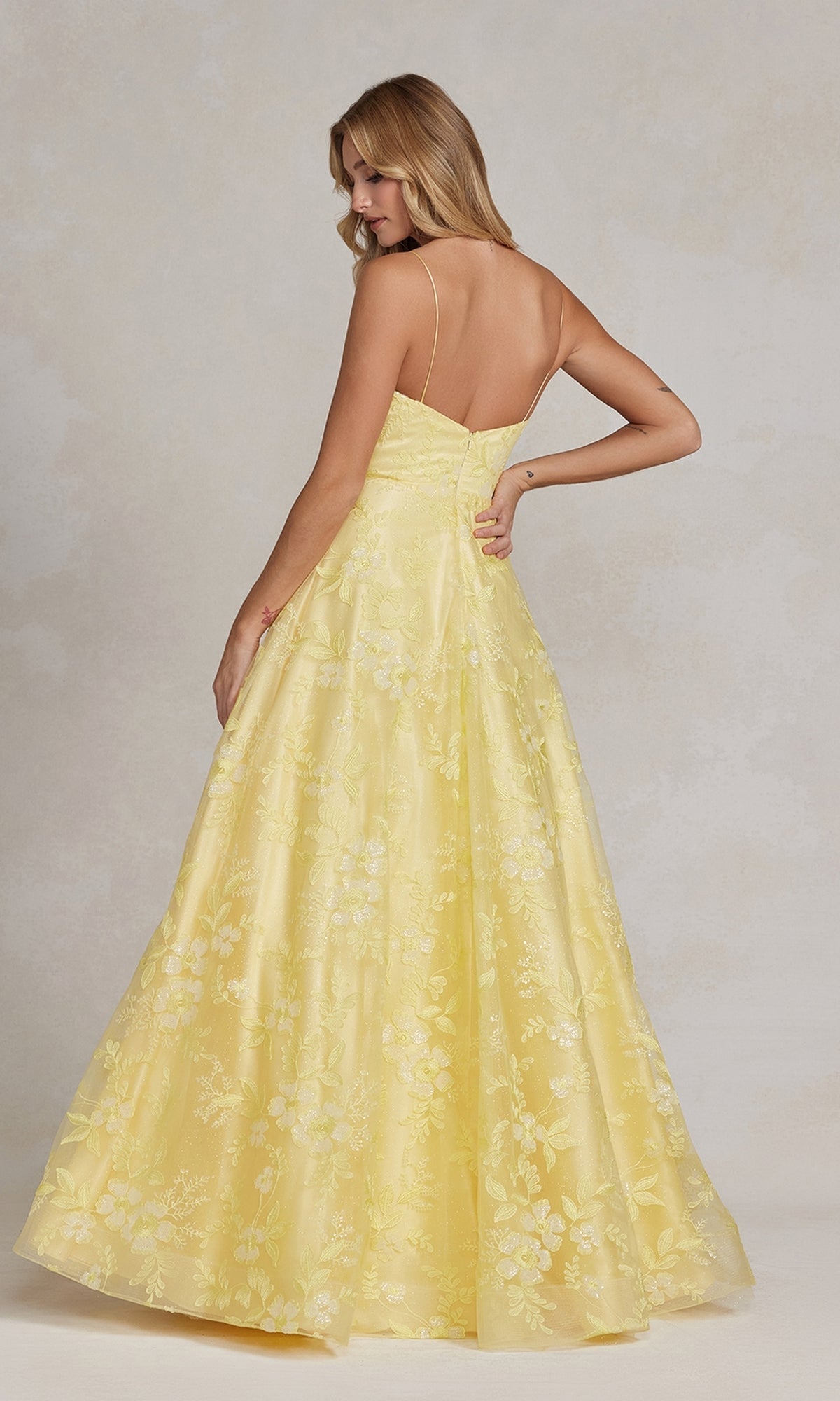  Long Yellow Prom Ball Gown with Deep V-Neck