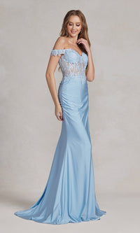 Light Blue Sheer-Corset Off-Shoulder Long Prom Dress E1184